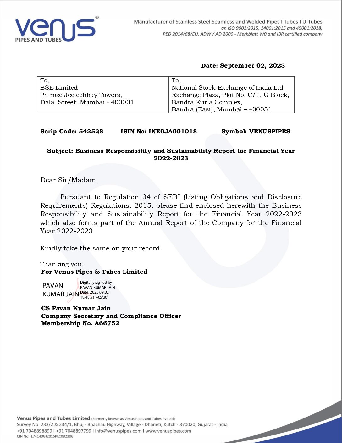 Intimation to Stock Exchanges