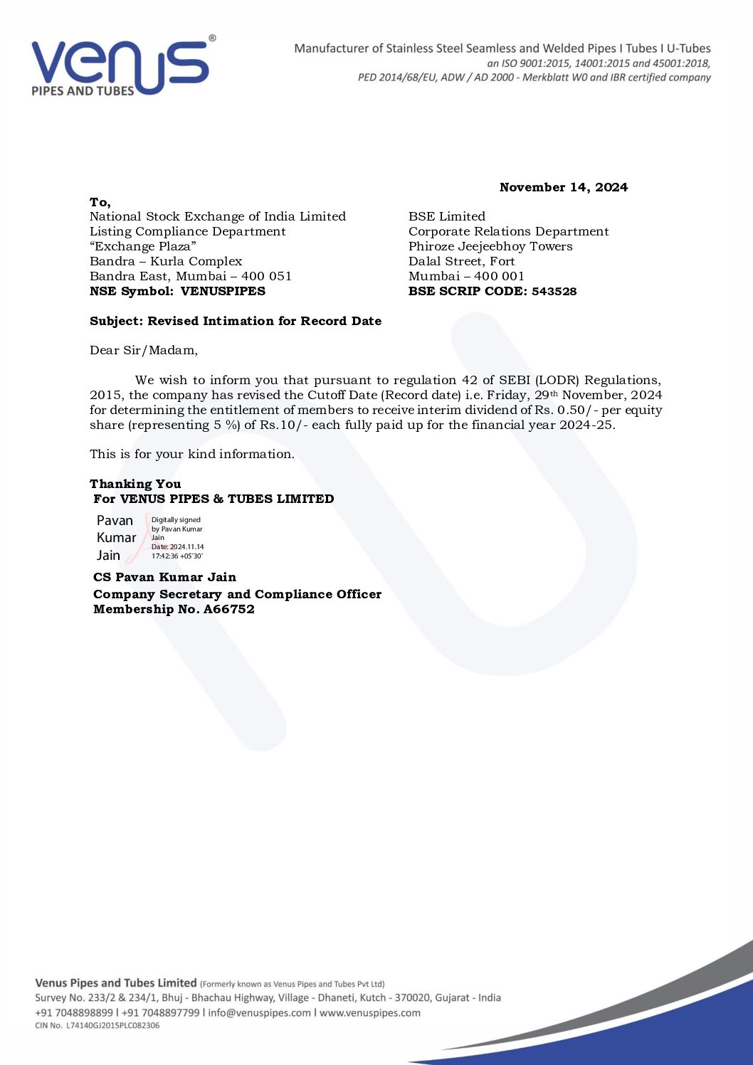 Intimation to Stock Exchanges