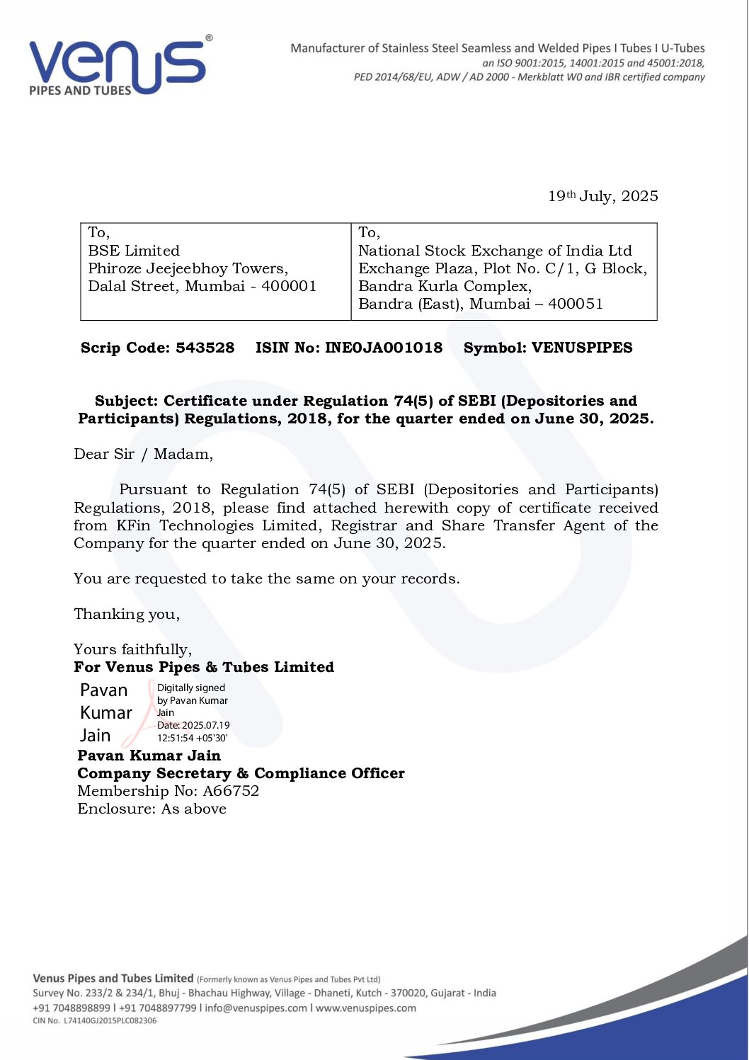 Intimation to Stock Exchanges
