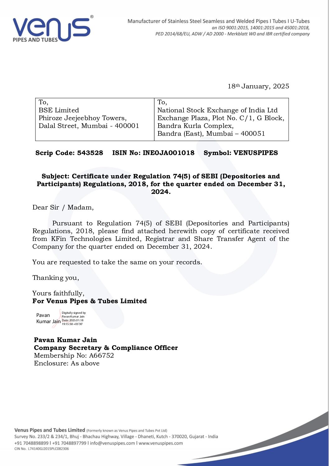 Intimation to Stock Exchanges