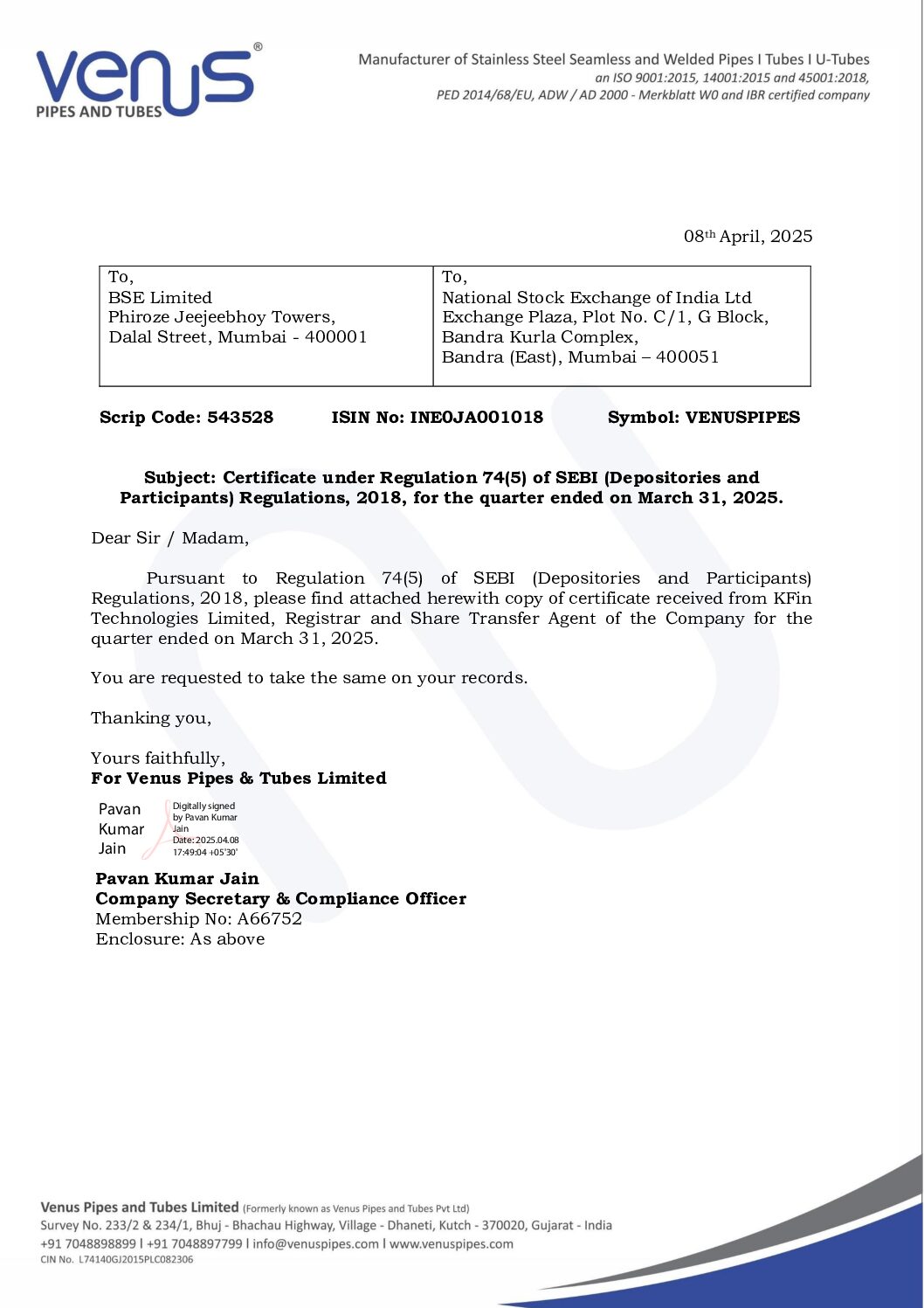 Intimation to Stock Exchanges