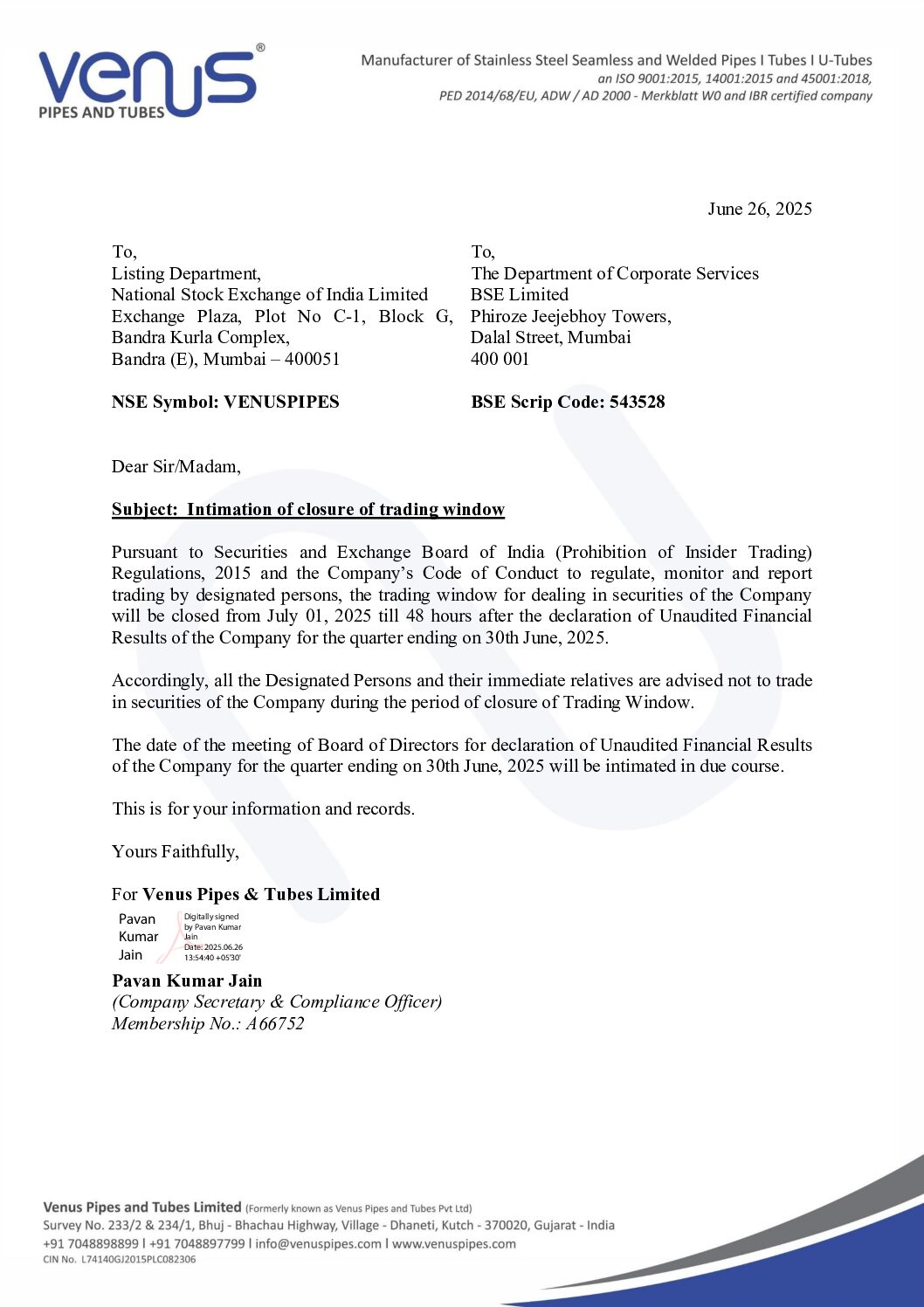 Intimation to Stock Exchanges