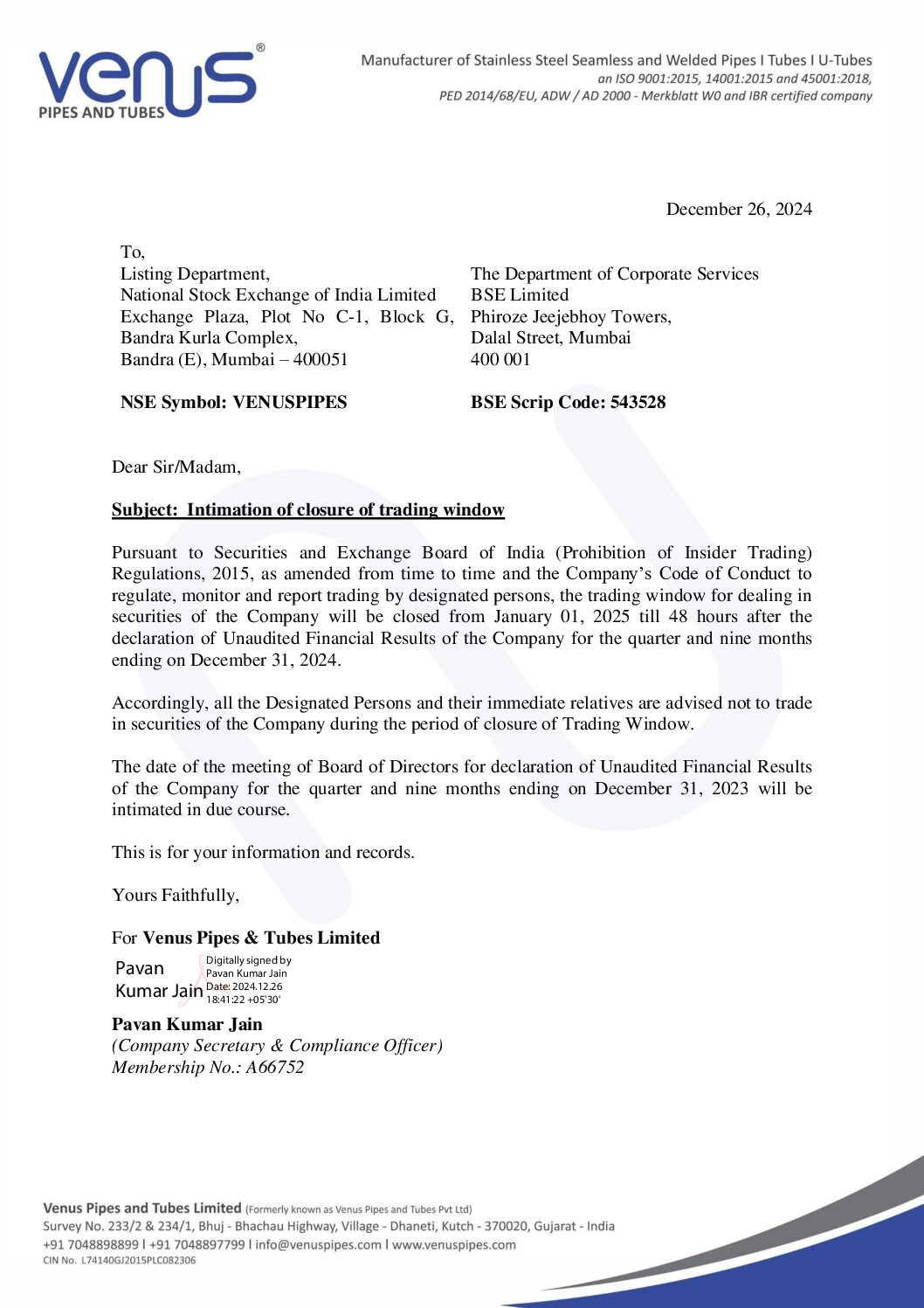 Intimation to Stock Exchanges