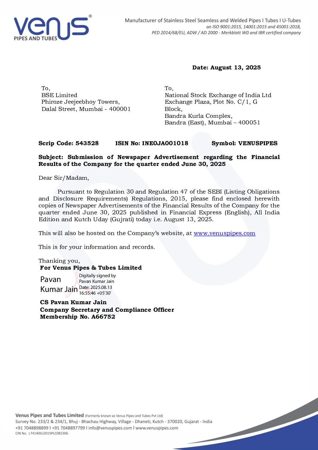 Intimation to Stock Exchanges