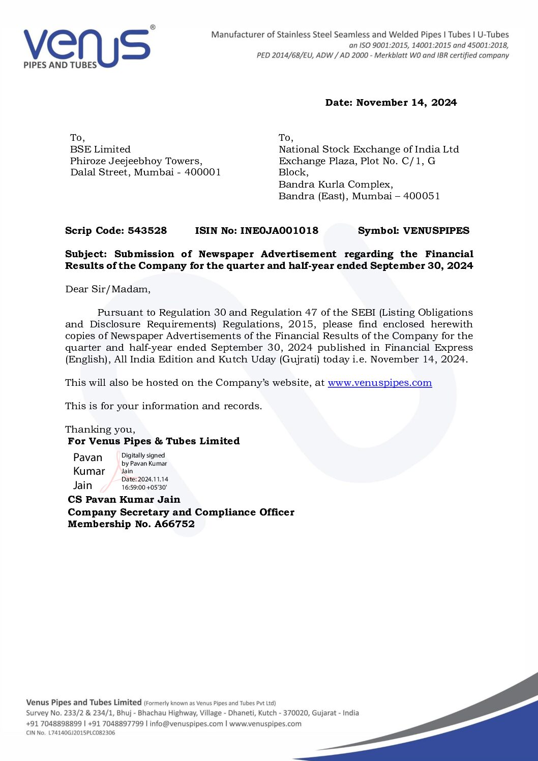 Intimation to Stock Exchanges