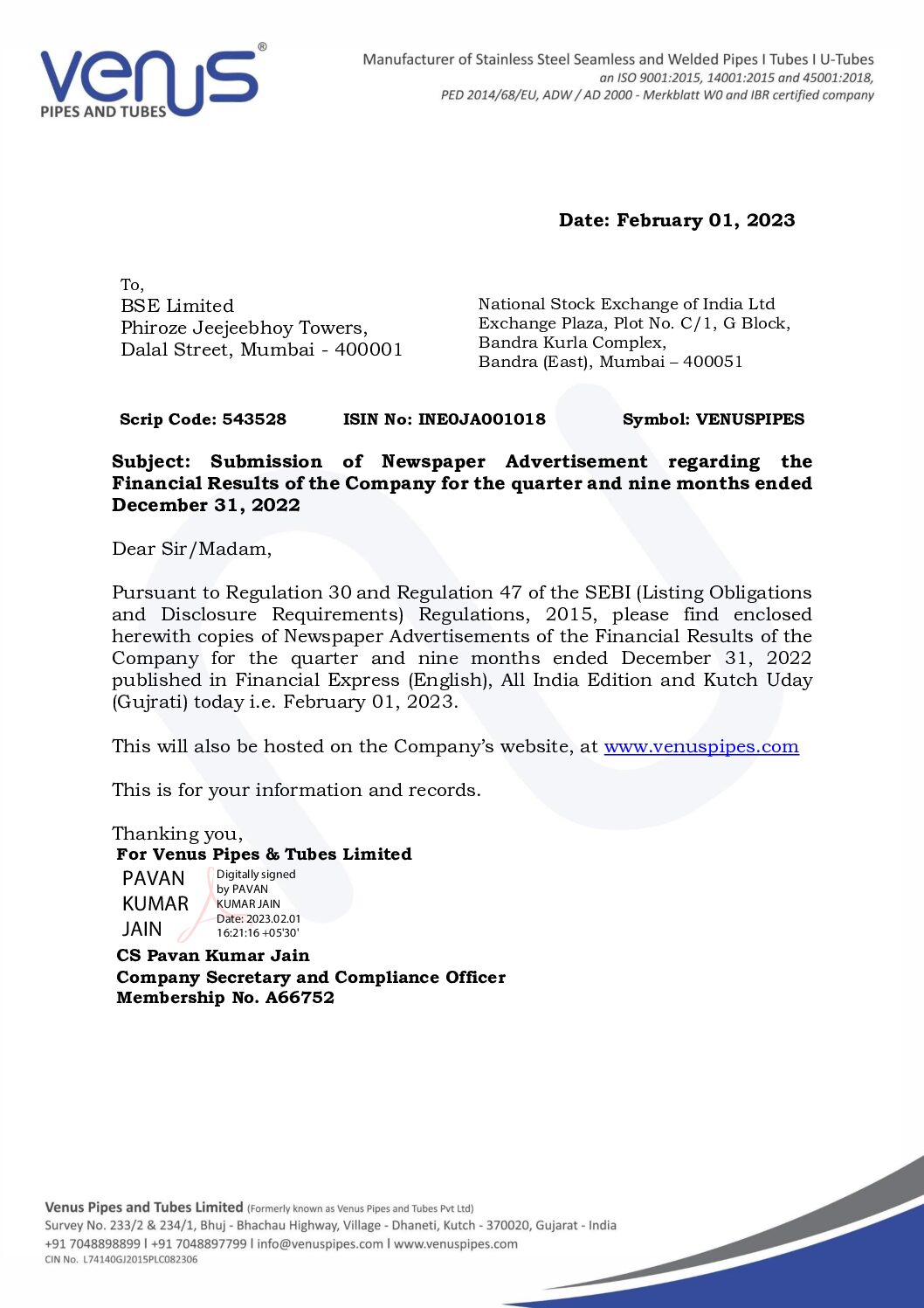 Intimation to Stock Exchanges