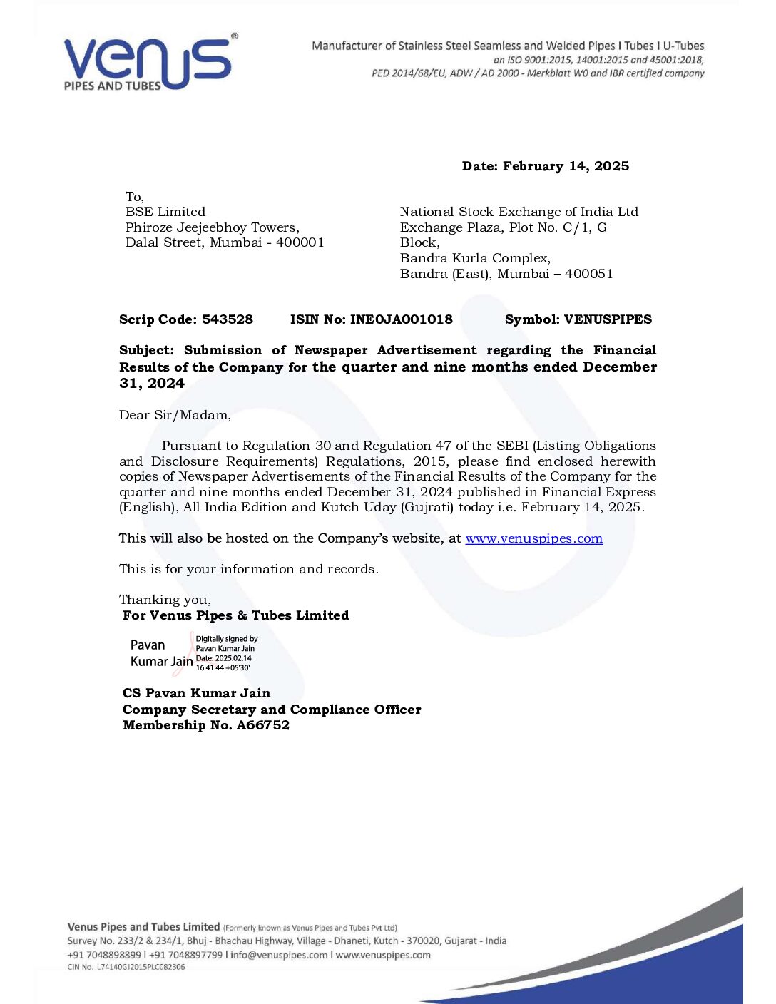 Intimation to Stock Exchanges