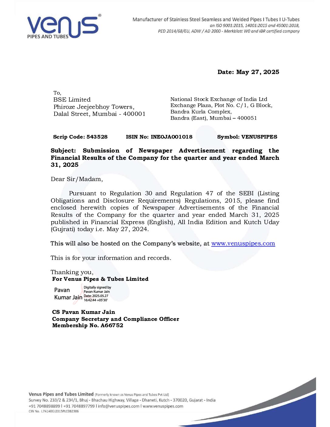 Intimation to Stock Exchanges