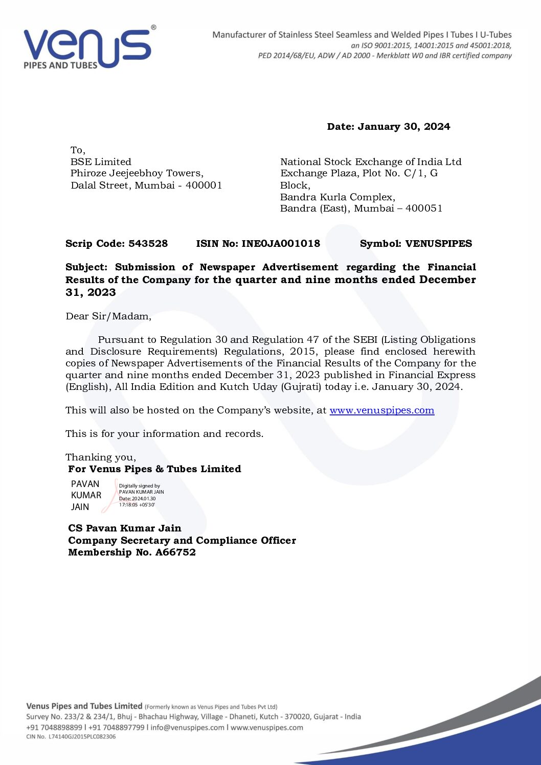 Intimation to Stock Exchanges