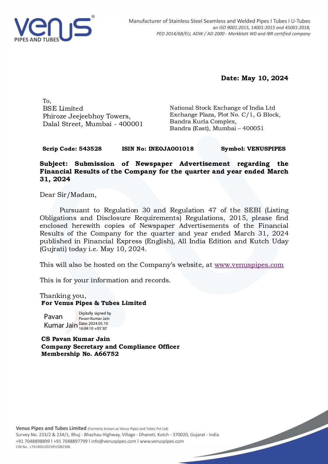 Intimation to Stock Exchanges