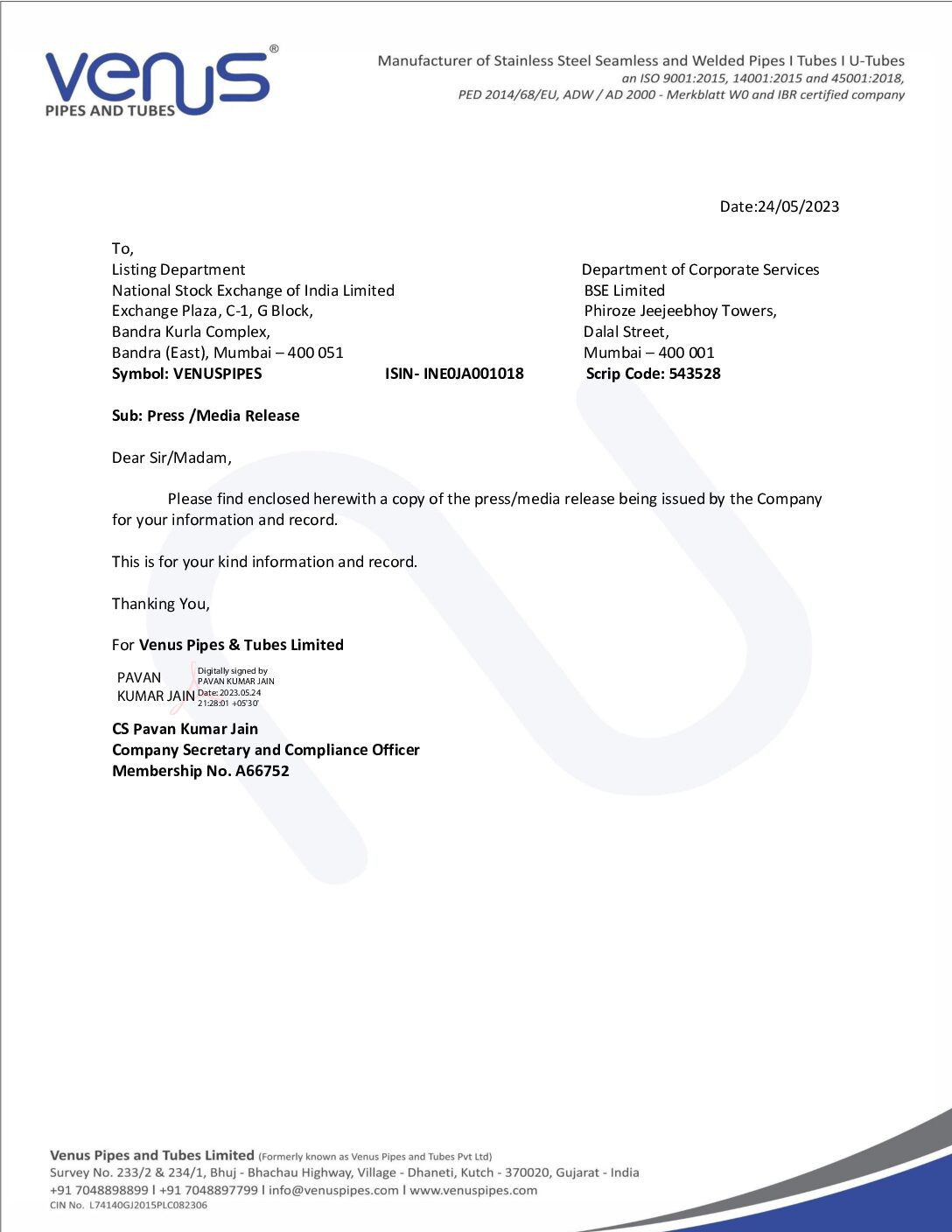 Intimation to Stock Exchanges