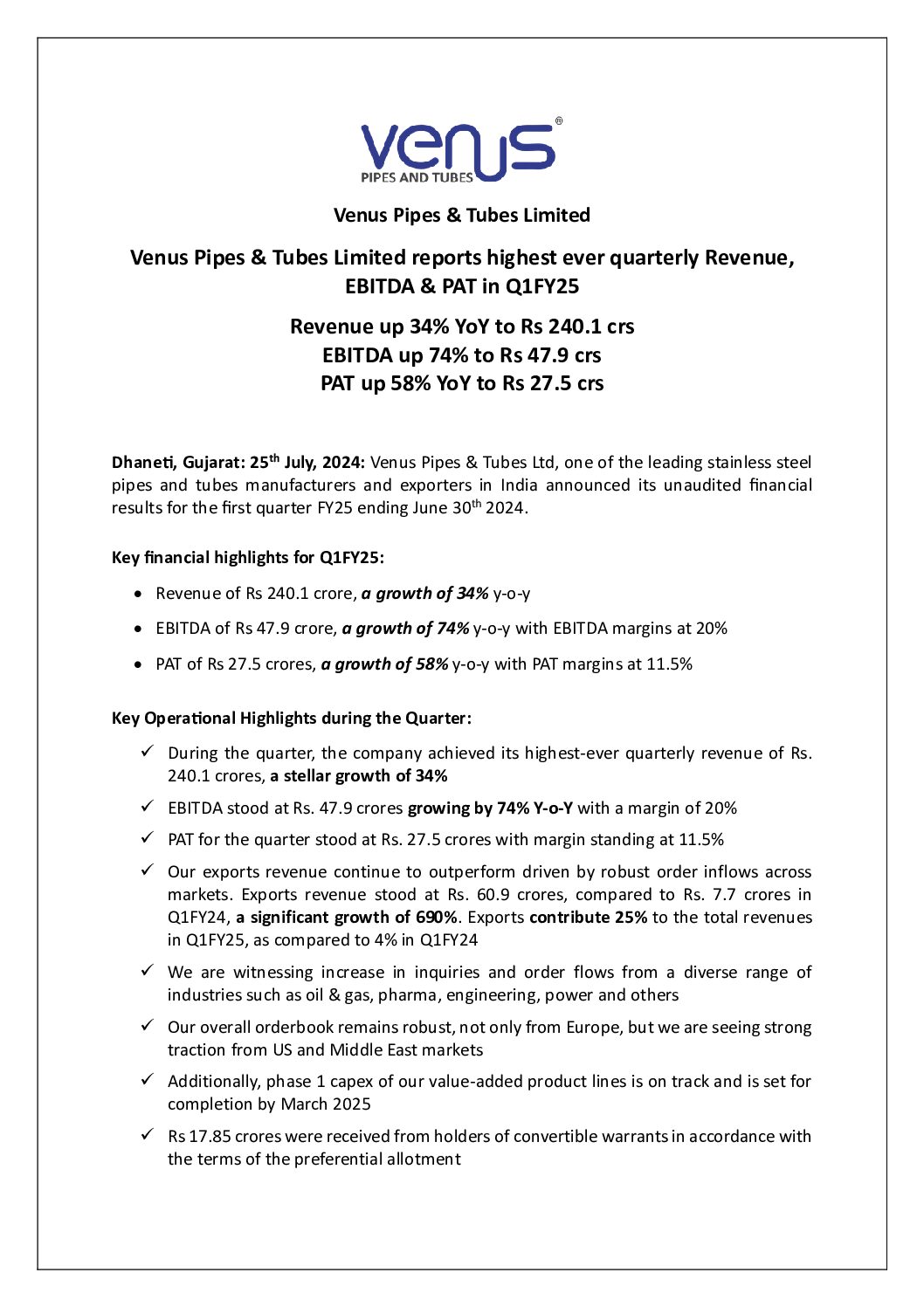Intimation to Stock Exchanges