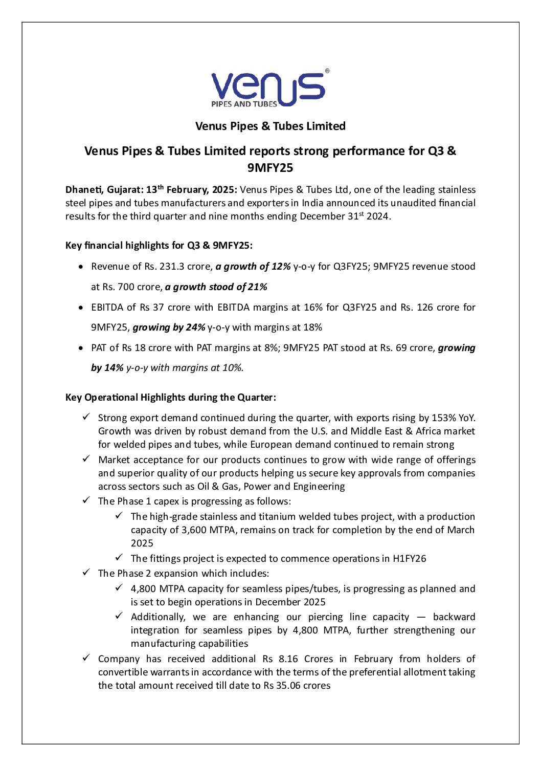 Intimation to Stock Exchanges