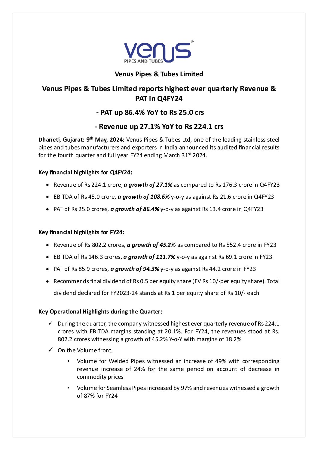 Intimation to Stock Exchanges