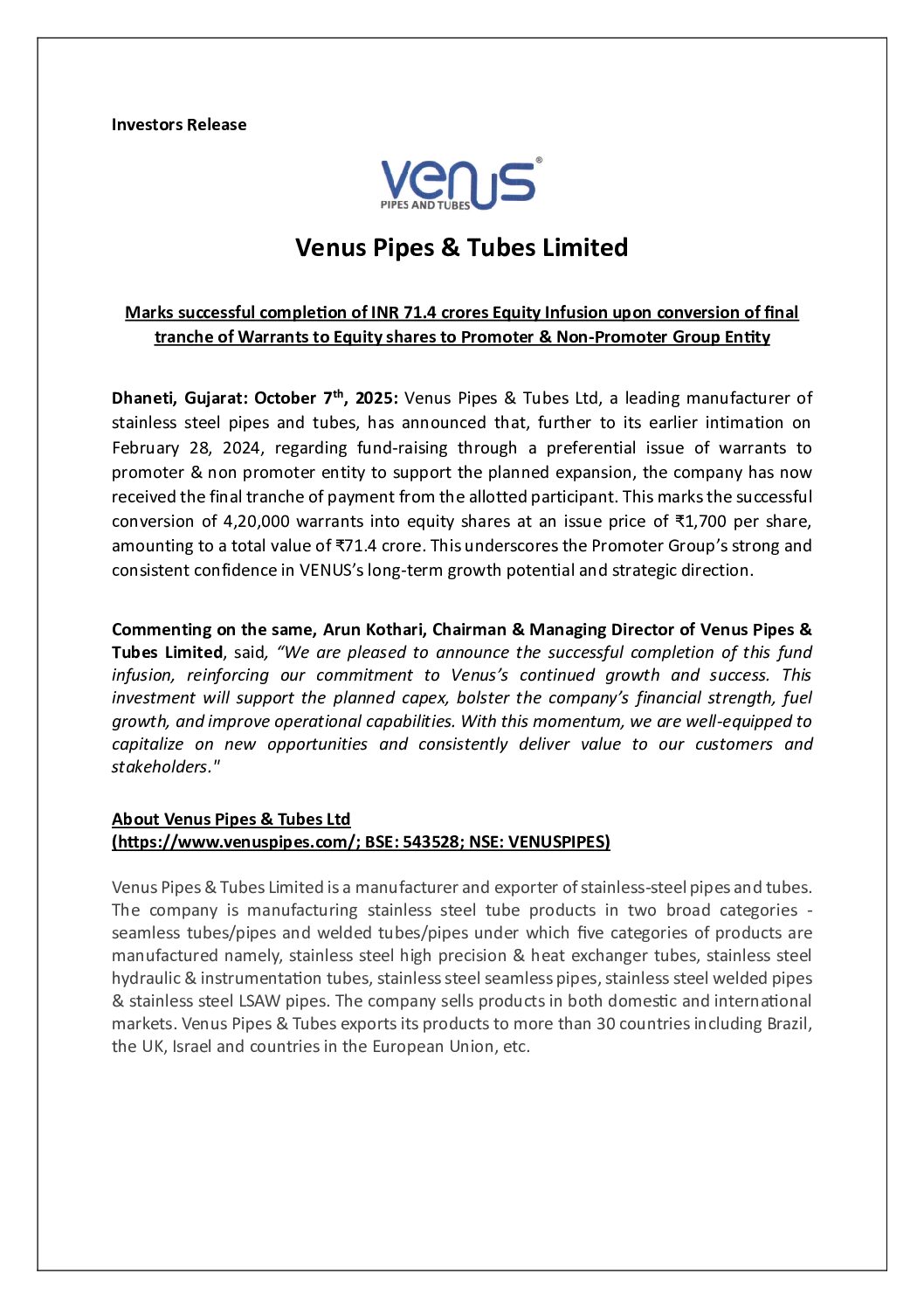 Intimation to Stock Exchanges