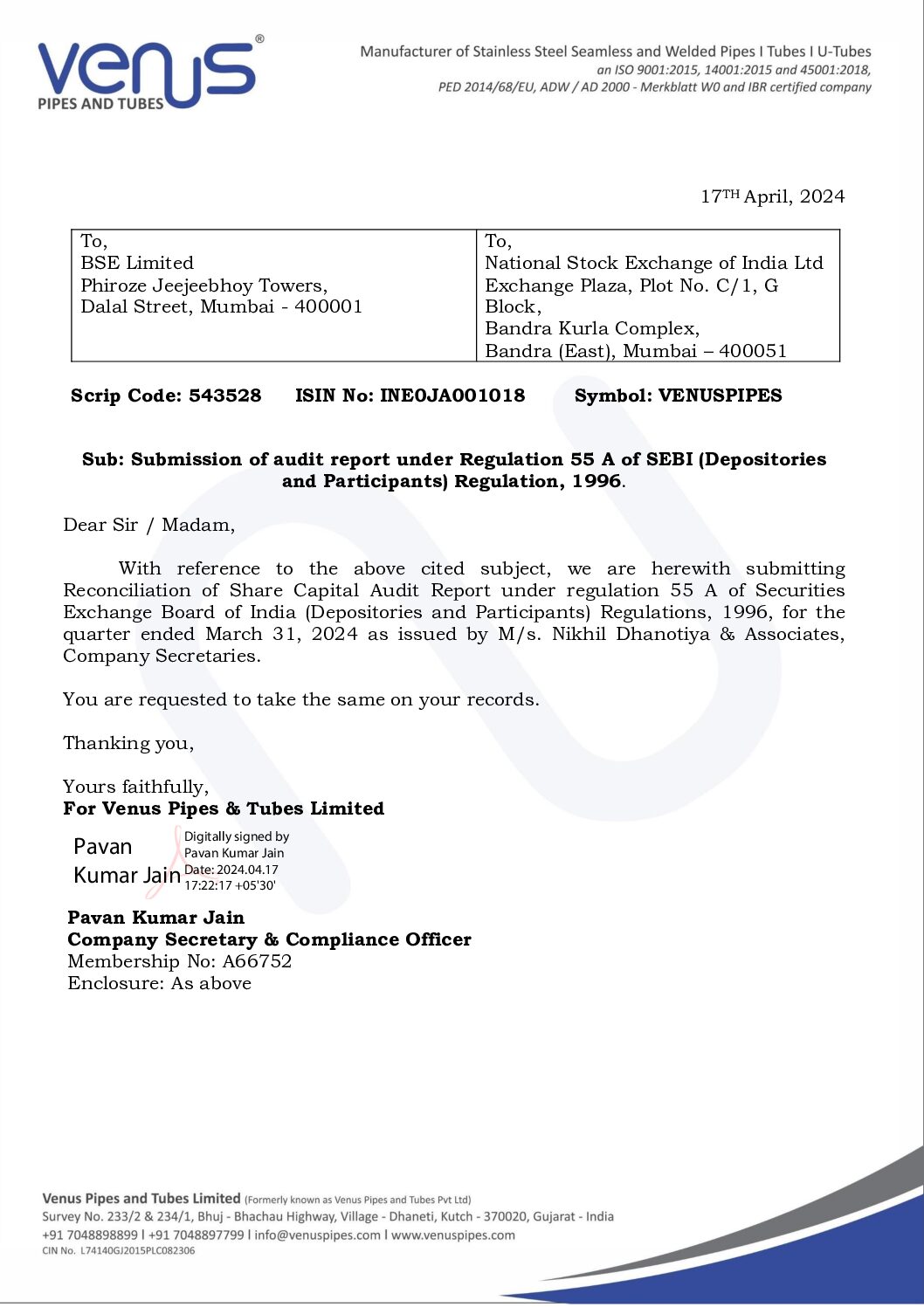 Intimation to Stock Exchanges