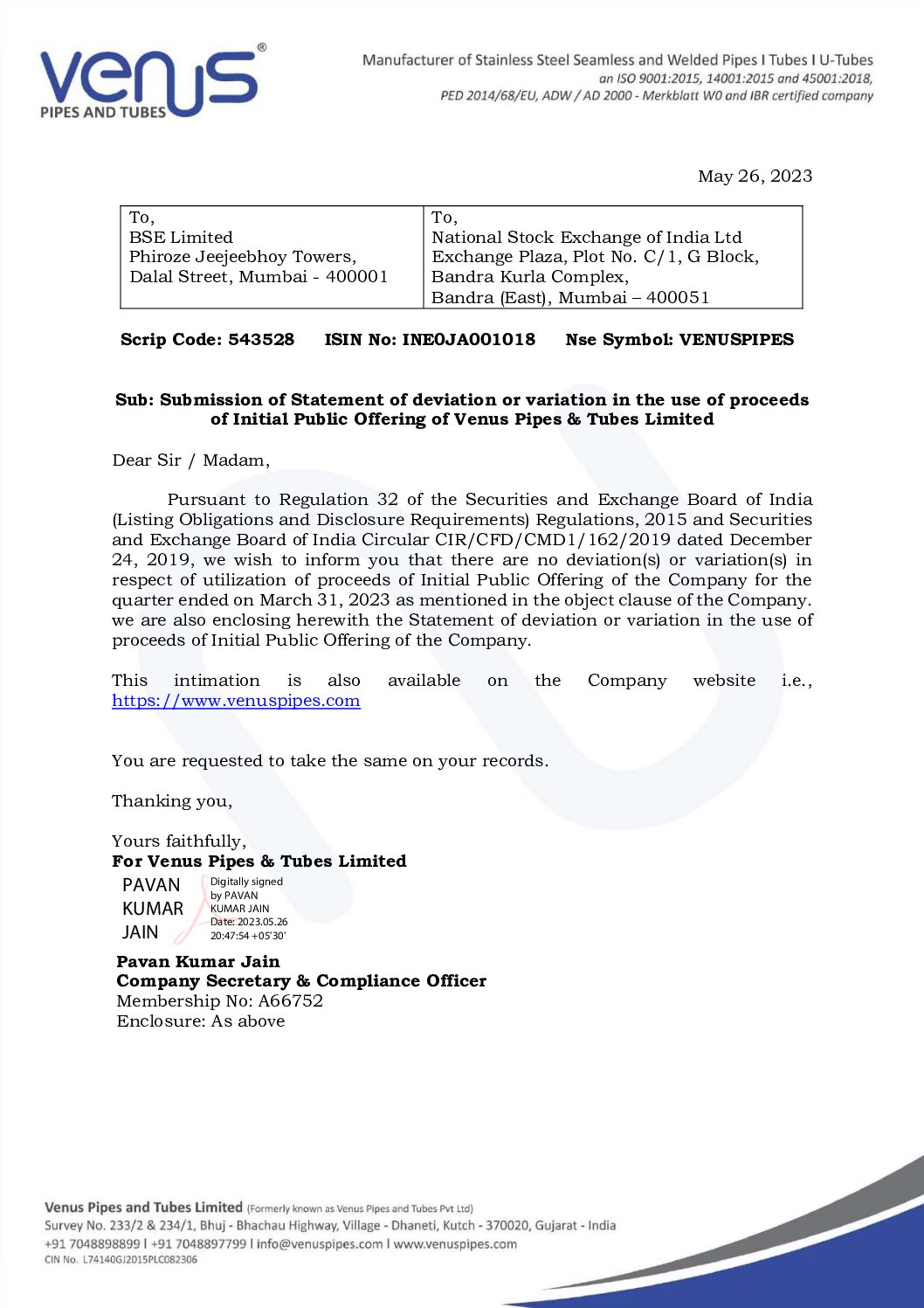 Intimation to Stock Exchanges