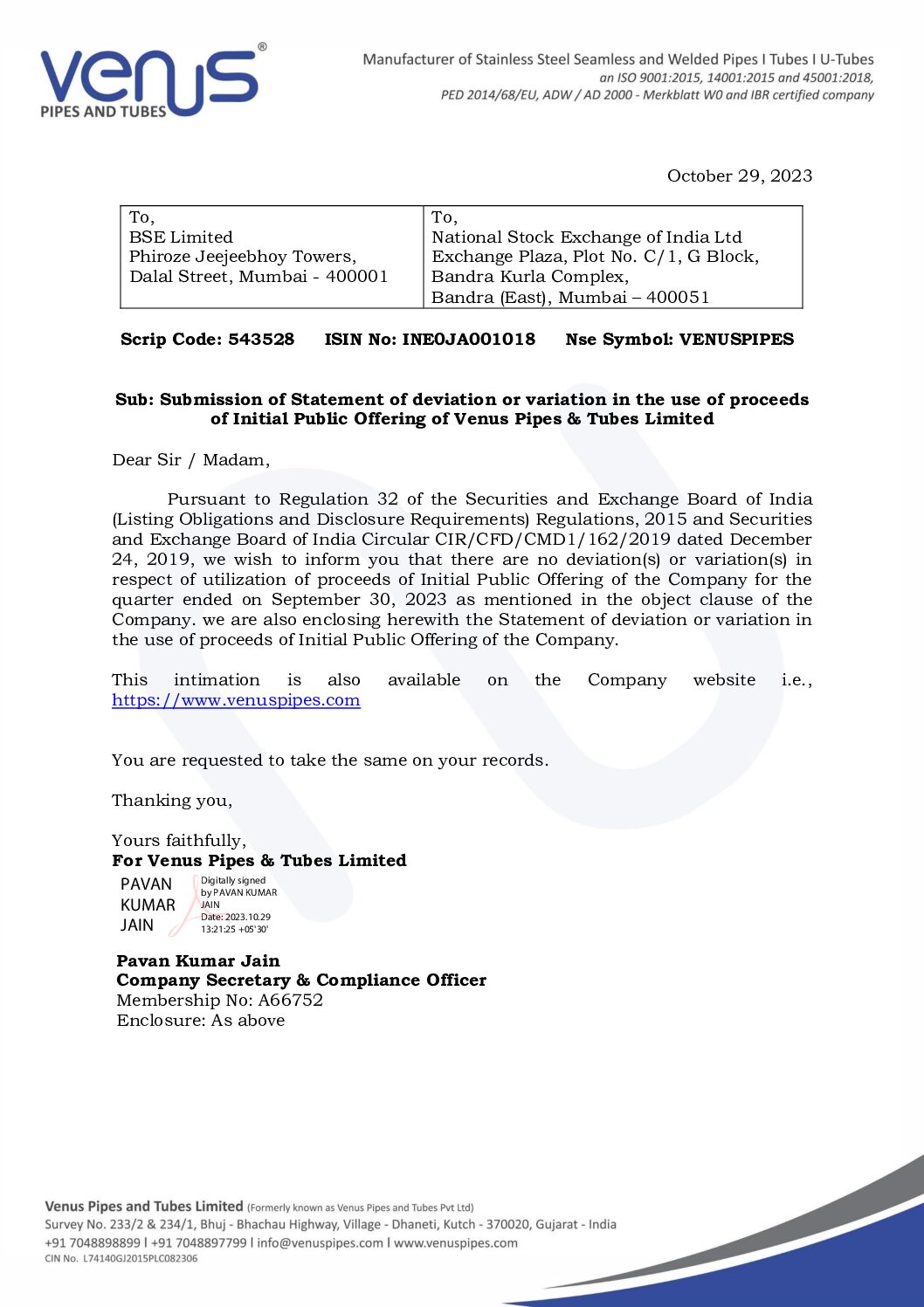 Intimation to Stock Exchanges