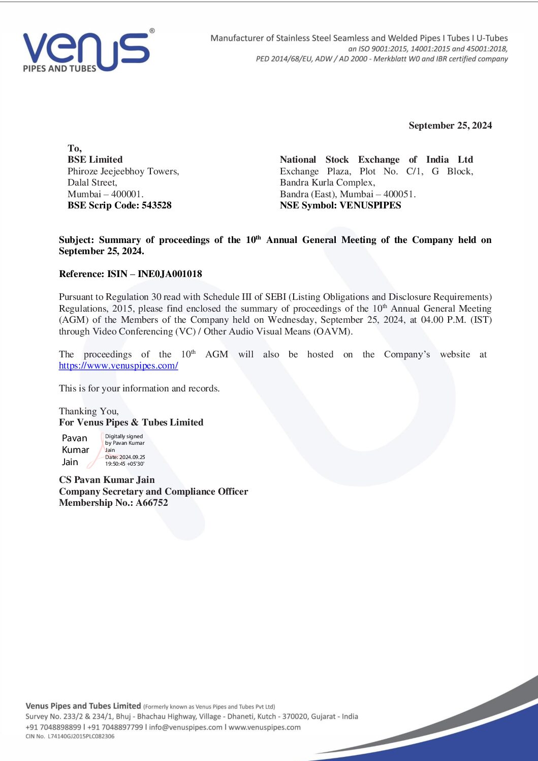 Intimation to Stock Exchanges
