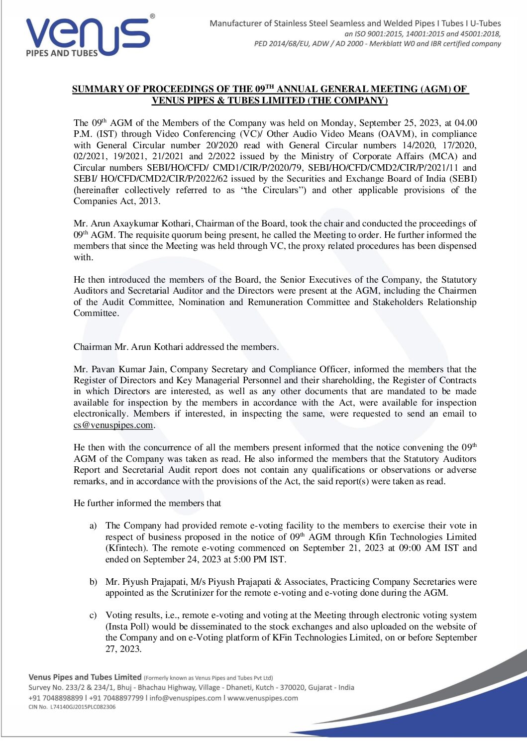 Intimation to Stock Exchanges