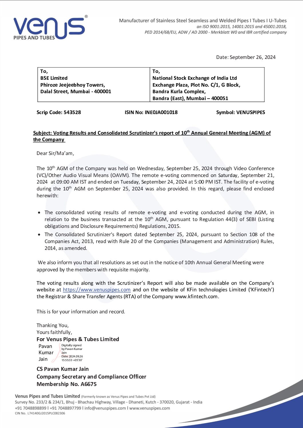 Intimation to Stock Exchanges