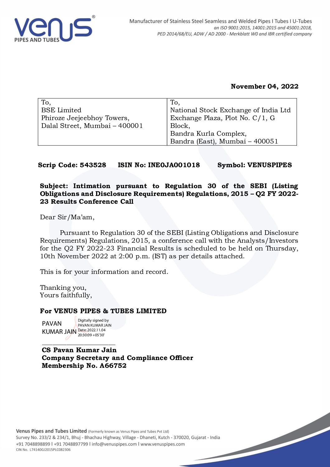 Intimation to Stock Exchanges