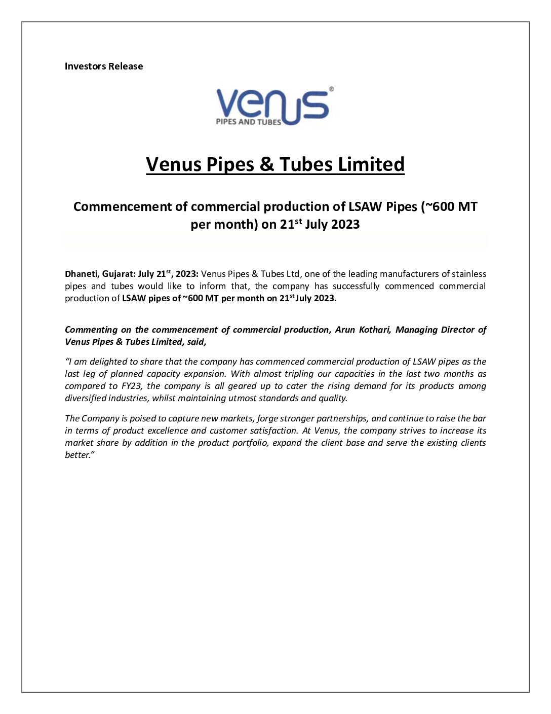 Intimation to Stock Exchanges