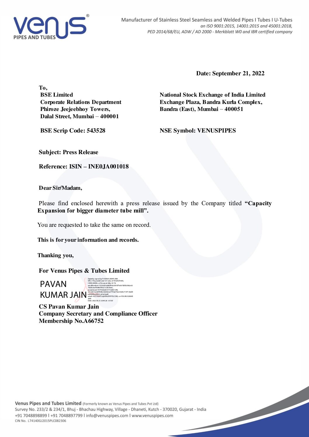 Intimation to Stock Exchanges